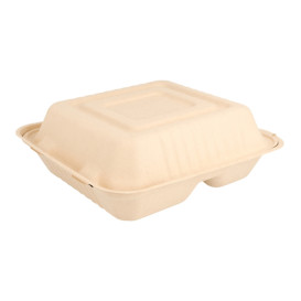 Suikerriet Gescharnierd Container "Menu Box" 3 Compartmenten Naturel 20x20x7,5cm (200 stuks)