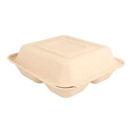 Suikerriet Gescharnierd Container "Menu Box" 3 Compartmenten Naturel 20x20x7,5cm (200 stuks)