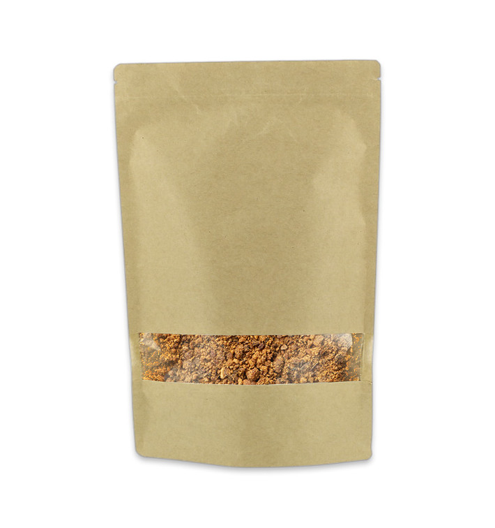 Papieren Doypack Kraft met zelfsluiting en venster 16+8x26cm (1000 stuks) Papieren Doypack Kraft met zelfsluiting en venster 16+8x26cm (1000 stuks)