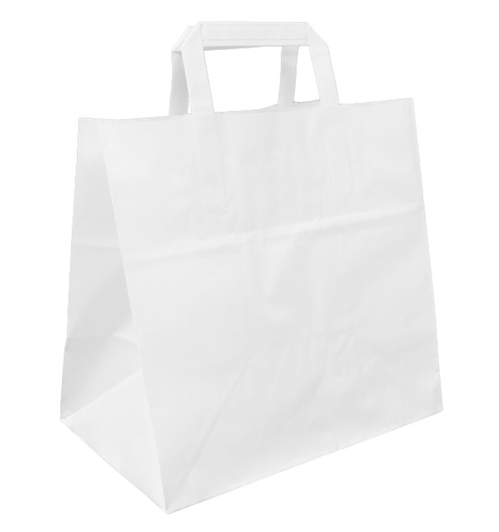 Papieren zak met handgrepen wit Plat 70g/m² 26+18x26cm (50 stuks) Papieren zak met handgrepen wit Plat 70g/m² 26+18x26cm (50 stuks)