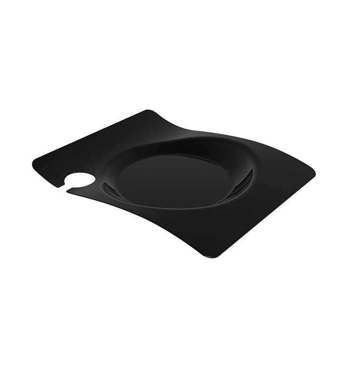 Plastic bord met glas houder PS "voorma" zwart 22x18 cm (12 stuks) Plastic bord met glas houder PS "voorma" zwart 22x18 cm (12 stuks)