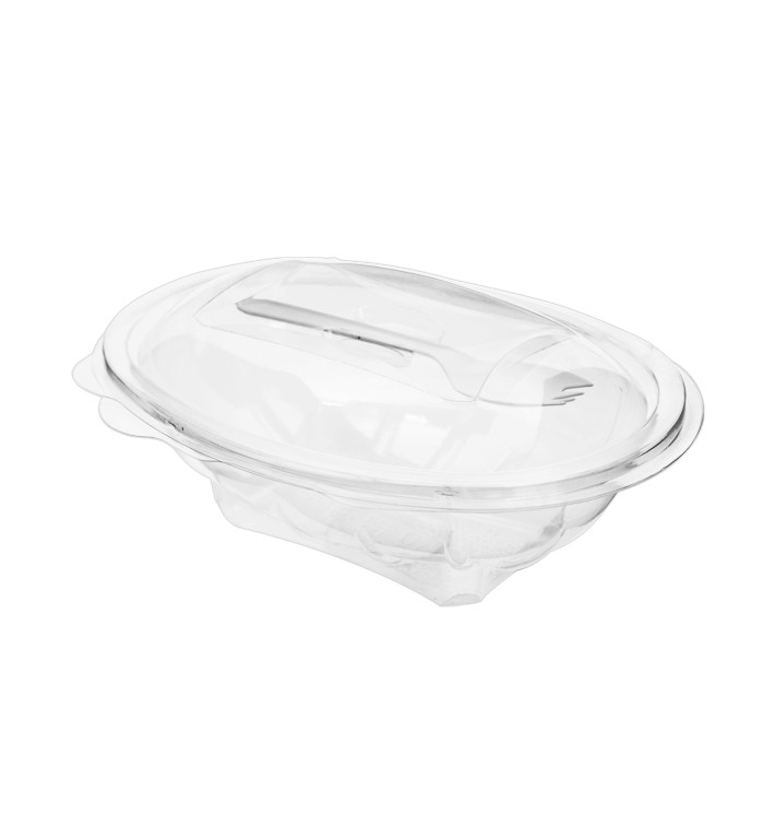 Plastic saladekom APET vormig met vork 500ml 19x14x7,6cm (400 stuks) Plastic saladekom APET vormig met vork 500ml 19x14x7,6cm (400 stuks)