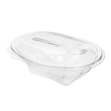 Plastic saladekom APET vormig met vork 500ml 19x14x7,6cm (100 stuks) 