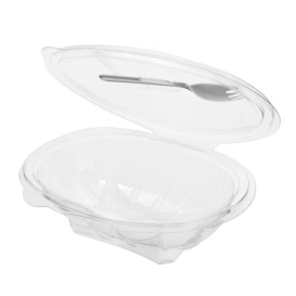 Plastic saladekom APET vormig met vork 500ml 19x14x7,6cm (100 stuks) 