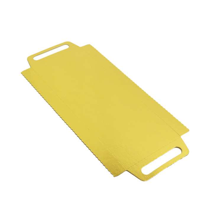 Papieren dienblad met handgrepen Rechthoekige vorm goud 30x12 cm (600 stuks) Papieren dienblad met handgrepen Rechthoekige vorm goud 30x12 cm (600 stuks)