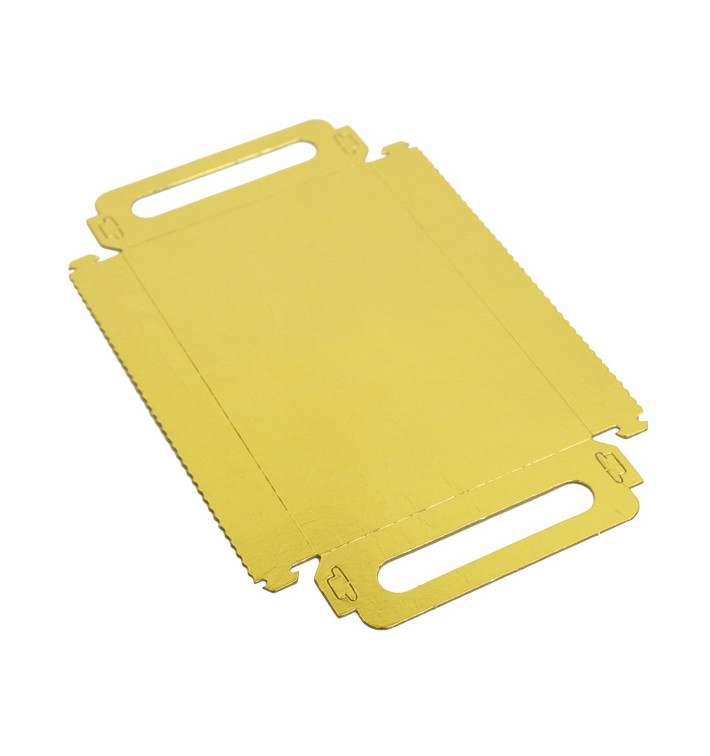 Papieren dienblad met handgrepen Rechthoekige vorm goud 12x19cm (100 stuks) Papieren dienblad met handgrepen Rechthoekige vorm goud 12x19cm (100 stuks)