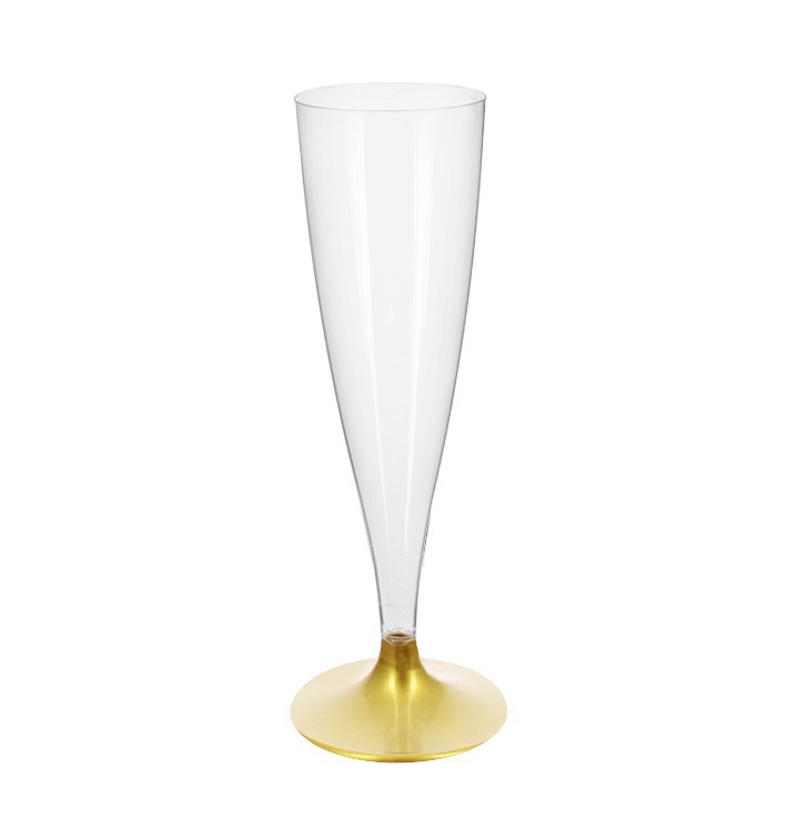 Herbruikbaar Champagneglazen/flutes 140ml PS goude voet (20 stuks) Herbruikbaar Champagneglazen/flutes 140ml PS goude voet (20 stuks)