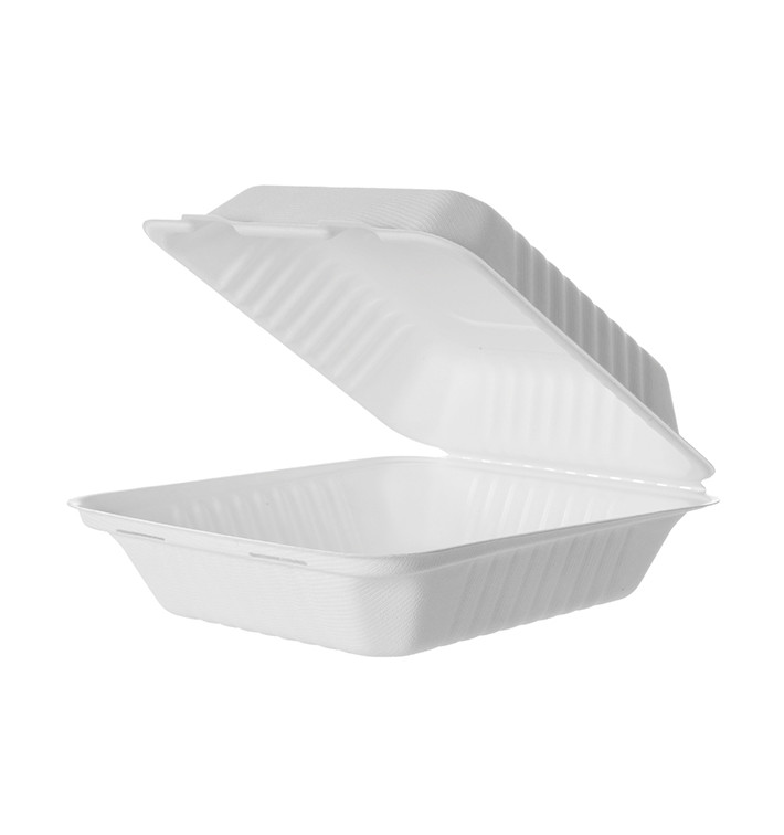 Suikerriet Gescharnierd Container + PLA wit 20x20x7,5cm (50 stuks) Suikerriet Gescharnierd Container + PLA wit 20x20x7,5cm (50 stuks)