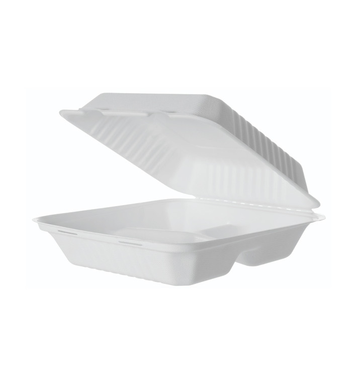 Suikerriet Gescharnierd Container + PLA wit 3C 23x23x7,5cm (50 stuks) Suikerriet Gescharnierd Container + PLA wit 3C 23x23x7,5cm (50 stuks)