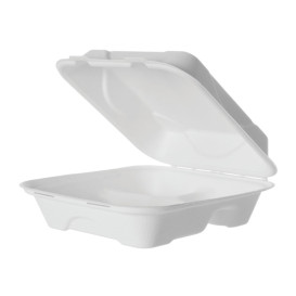 Suikerriet Gescharnierd Container "Menu Box" 3 Compartmenten wit 20x20x7,5cm (200 stuks)
