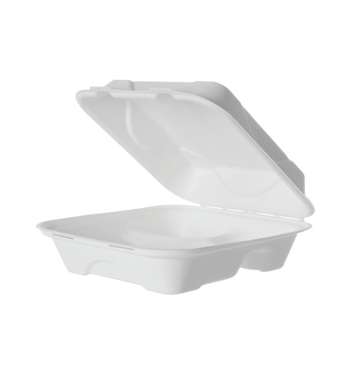 Suikerriet Gescharnierd Container "Menu Box" 3 Compartmenten wit 20x20x7,5cm (200 stuks)