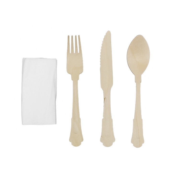Houten Vork, Mes, Lepel en Servet set "Classic" 20cm (25 stuks) Houten Vork, Mes, Lepel en Servet set "Classic" 20cm (25 stuks)