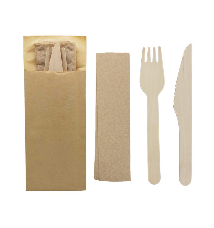 Bestek Set Hout Vork, Mes en Servet (50 Stuks) Bestek Set Hout Vork, Mes en Servet (50 Stuks)