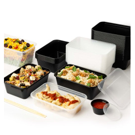 Plastic Bakje Rechthoek Zwart van PP met Deksel 1.000ml 17,3x11,9cm (500 Stuks)