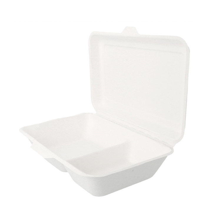 Suikerriet Gescharnierd Container "Menu Box" 2 Compartmenten wit 22,5x16,5x6,4cm 