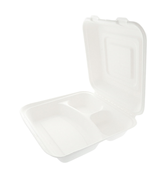 Suikerriet Gescharnierd Container "Menu Box" wit 3 Compartmenten 25x25x7,5cm Suikerriet Gescharnierd Container "Menu Box" wit 3 Compartmenten 25x25x7,5cm